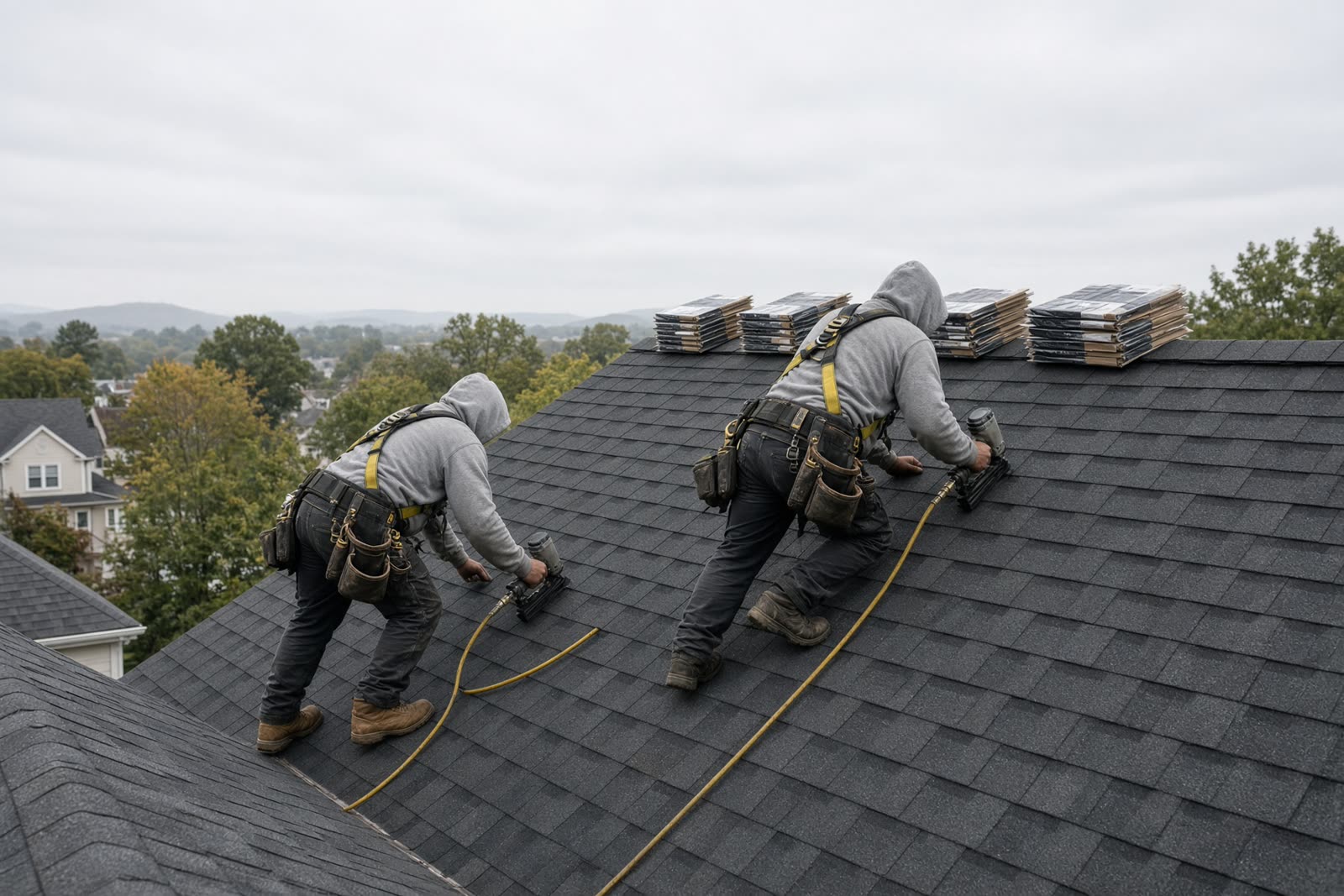 Roofers installing underlayment and shingles on a steep roof